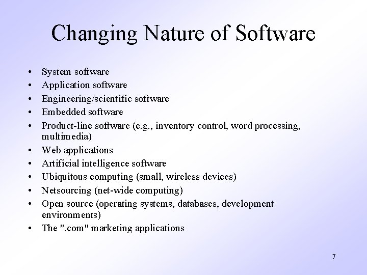Changing Nature of Software • • • System software Application software Engineering/scientific software Embedded Changing Nature of Software • • • System software Application software Engineering/scientific software Embedded