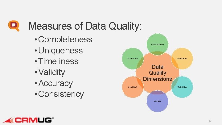 Measures of Data Quality: • Completeness • Uniqueness • Timeliness • Validity • Accuracy