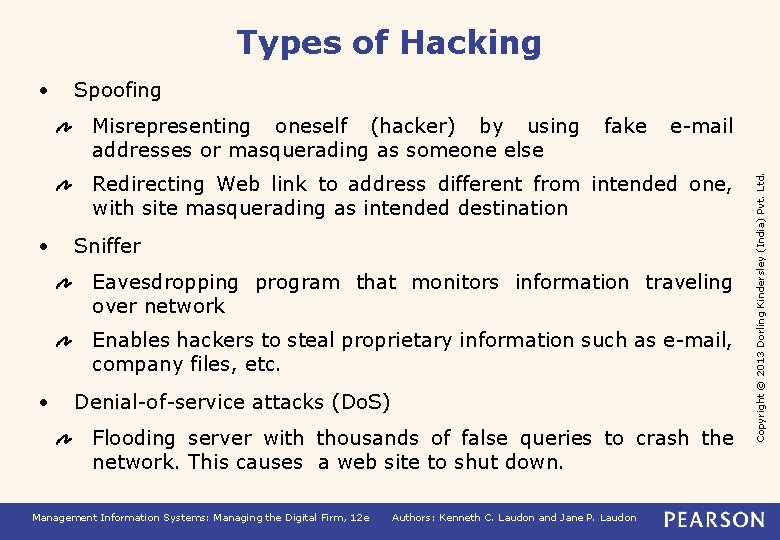 Types of Hacking Spoofing Misrepresenting oneself (hacker) by using addresses or masquerading as someone