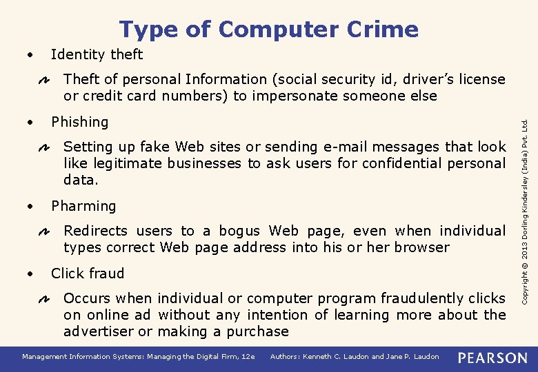 Type of Computer Crime • Identity theft • Phishing Setting up fake Web sites