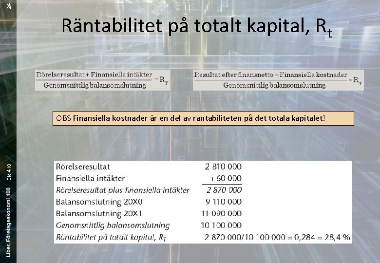 24 Räntabilitet på totalt kapital, Rt Sid 410 OBS Finansiella kostnader är en del