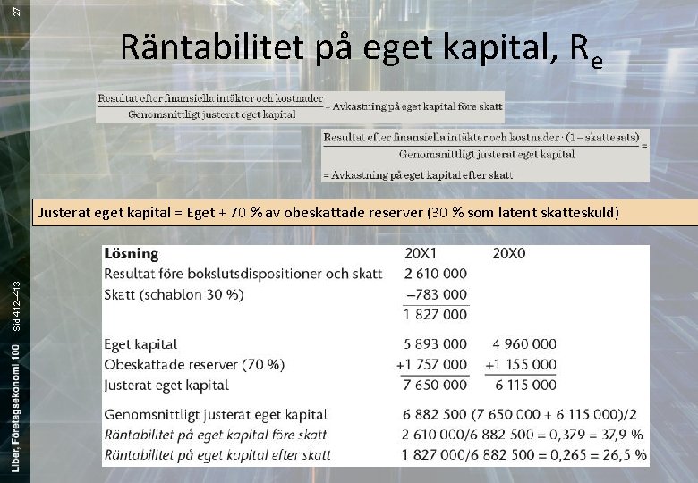 27 Räntabilitet på eget kapital, Re Sid 412– 413 Justerat eget kapital = Eget