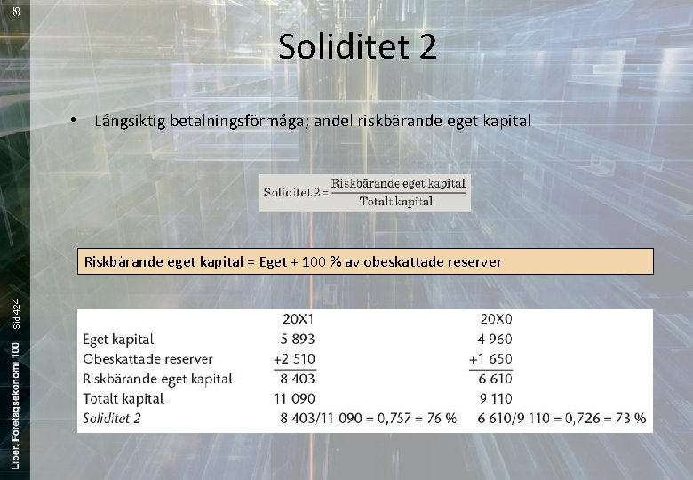 35 Soliditet 2 • Långsiktig betalningsförmåga; andel riskbärande eget kapital Sid 424 Riskbärande eget