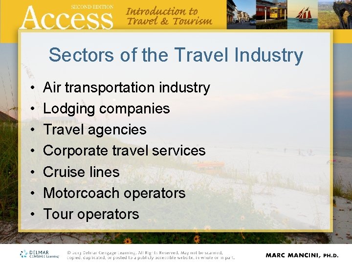 Sectors of the Travel Industry • • Air transportation industry Lodging companies Travel agencies Sectors of the Travel Industry • • Air transportation industry Lodging companies Travel agencies