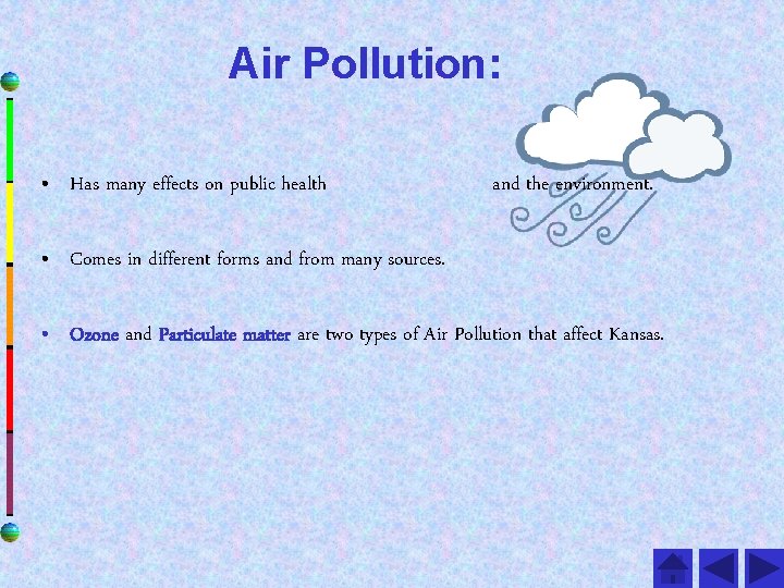 Air Pollution: • Has many effects on public health and the environment. • Comes