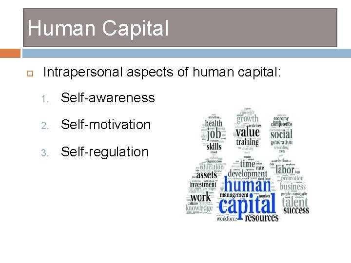 Human Capital Intrapersonal aspects of human capital: 1. Self-awareness 2. Self-motivation 3. Self-regulation 
