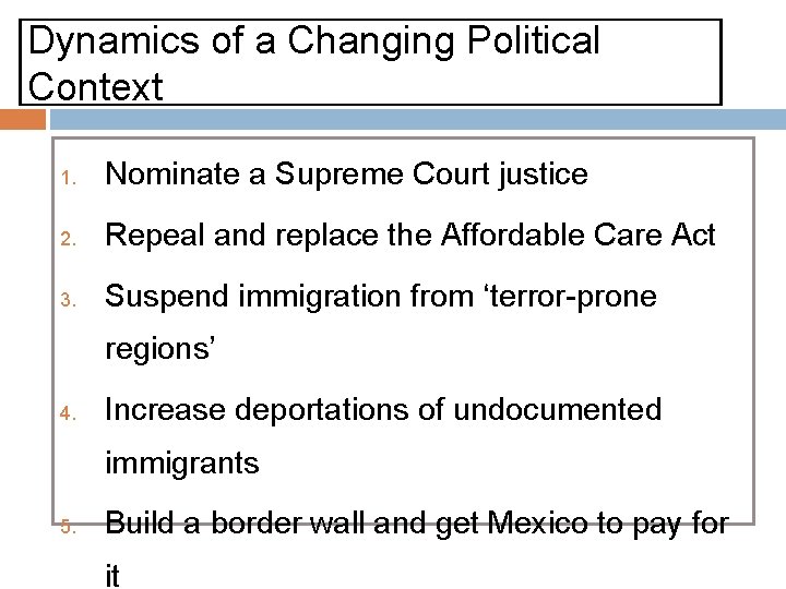 Dynamics of a Changing Political Context 1. Nominate a Supreme Court justice 2. Repeal