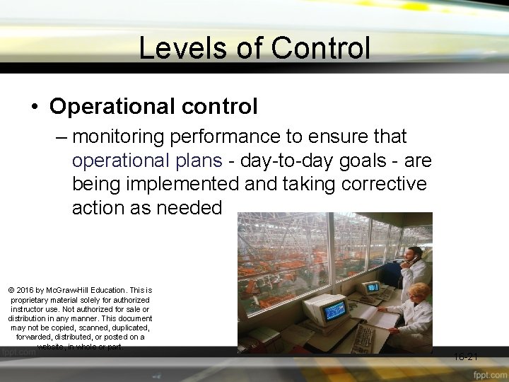 Levels of Control • Operational control – monitoring performance to ensure that operational plans
