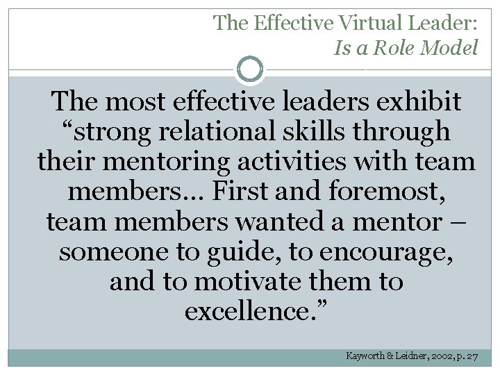 The Effective Virtual Leader: Is a Role Model The most effective leaders exhibit “strong