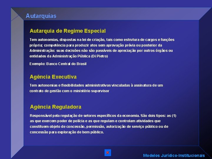 Autarquias Autarquia de Regime Especial Tem autonomias, dispostas na lei de criação, tais como