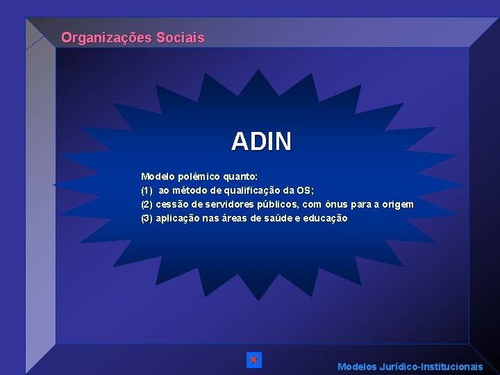 Organizações Sociais ADIN Modelo polêmico quanto: (1) ao método de qualificação da OS; (2)
