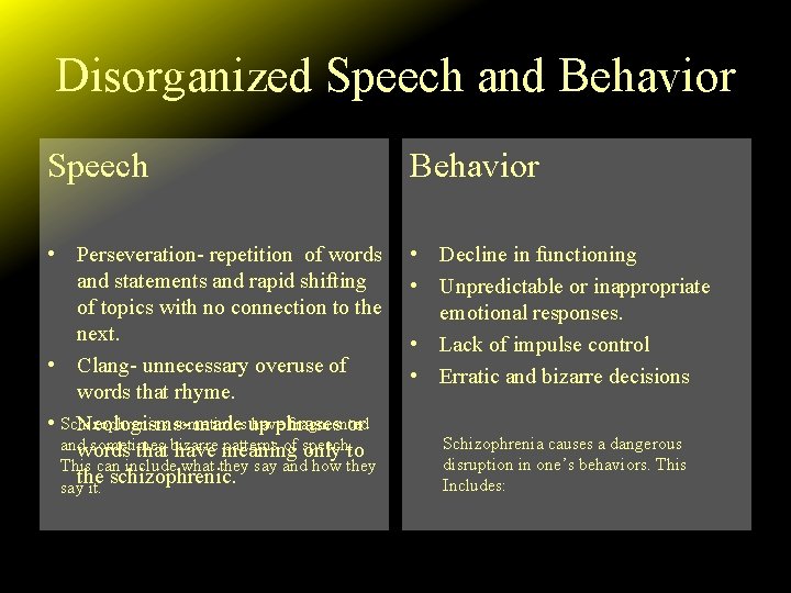 Disorganized Speech and Behavior Speech Behavior • Perseveration- repetition of words and statements and