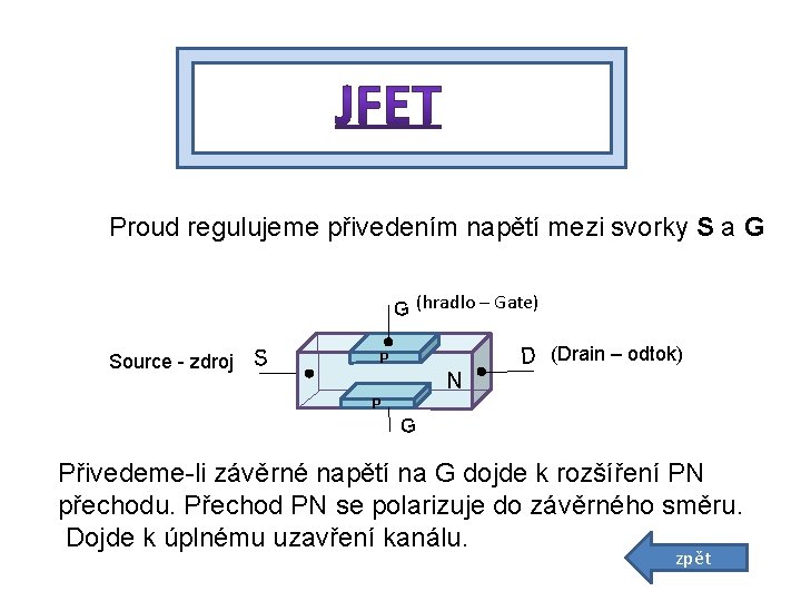 Proud regulujeme přivedením napětí mezi svorky S a G G (hradlo – Gate) Source