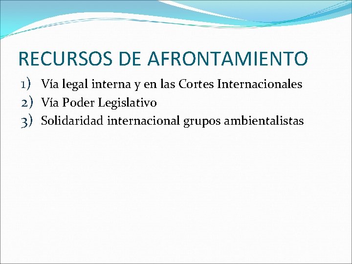 RECURSOS DE AFRONTAMIENTO 1) Vía legal interna y en las Cortes Internacionales 2) Vía