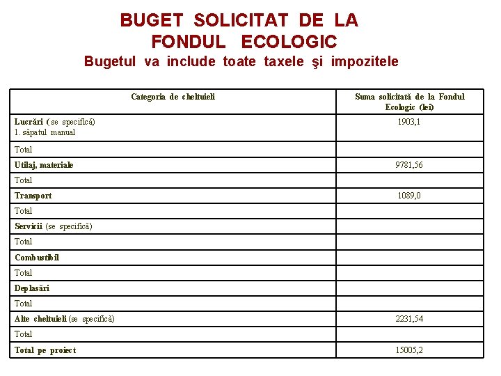 BUGET SOLICITAT DE LA FONDUL ECOLOGIC Bugetul va include toate taxele şi impozitele Categoria