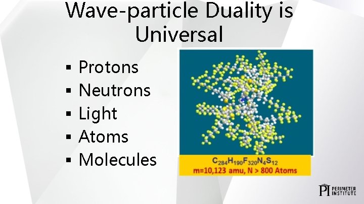 Wave-particle Duality is Universal § § § Protons Neutrons Light Atoms Molecules Fluoro Fullerene: