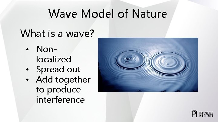 Wave Model of Nature What is a wave? • Nonlocalized • Spread out •