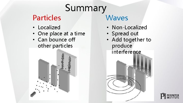 Particles Summary • Localized • One place at a time • Can bounce off