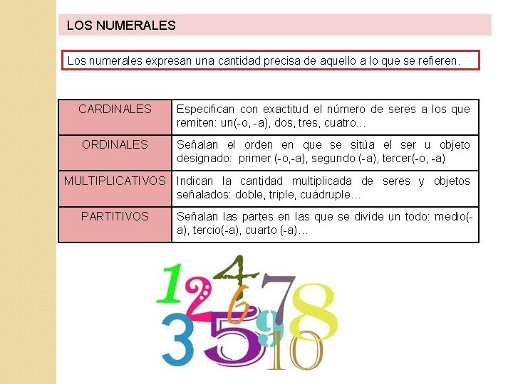  LOS NUMERALES Los numerales expresan una cantidad precisa de aquello a lo que