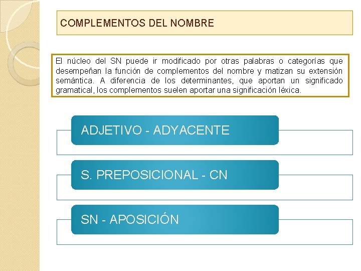 COMPLEMENTOS DEL NOMBRE El núcleo del SN puede ir modificado por otras palabras o