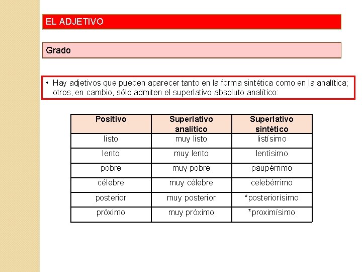 EL ADJETIVO Grado • Hay adjetivos que pueden aparecer tanto en la forma sintética