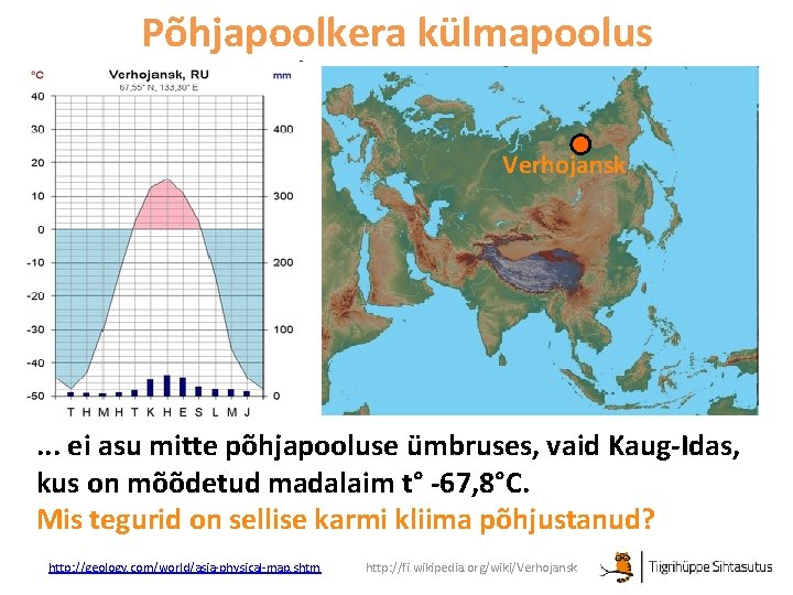 Põhjapoolkera külmapoolus Verhojansk . . . ei asu mitte põhjapooluse ümbruses, vaid Kaug-Idas, kus Põhjapoolkera külmapoolus Verhojansk . . . ei asu mitte põhjapooluse ümbruses, vaid Kaug-Idas, kus