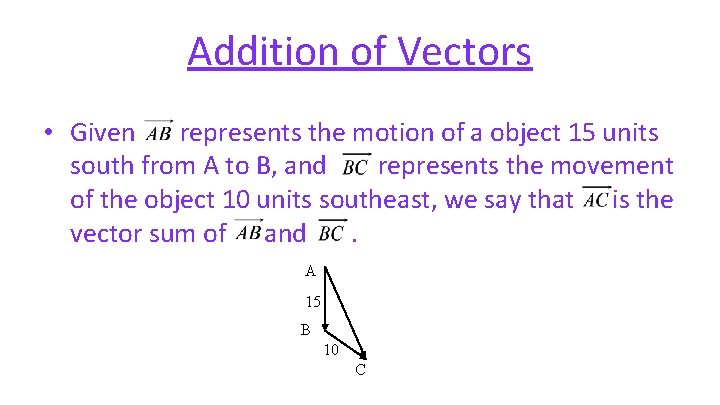 Addition of Vectors • Given represents the motion of a object 15 units south