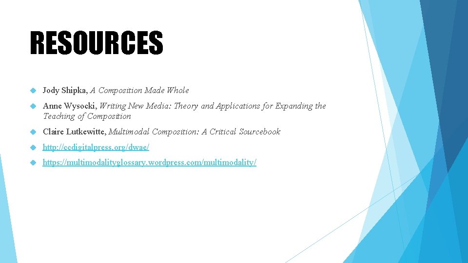 RESOURCES Jody Shipka, A Composition Made Whole Anne Wysocki, Writing New Media: Theory and RESOURCES Jody Shipka, A Composition Made Whole Anne Wysocki, Writing New Media: Theory and
