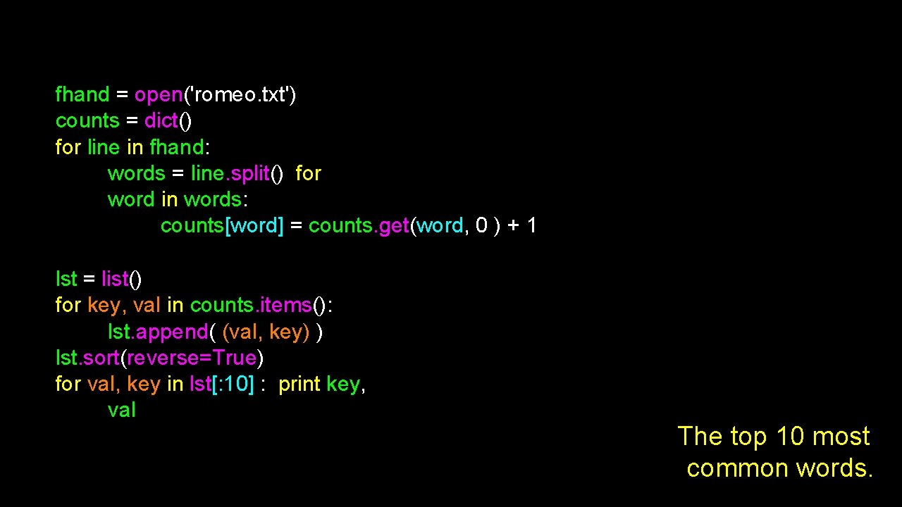 fhand = open('romeo. txt') counts = dict() for line in fhand: words = line.