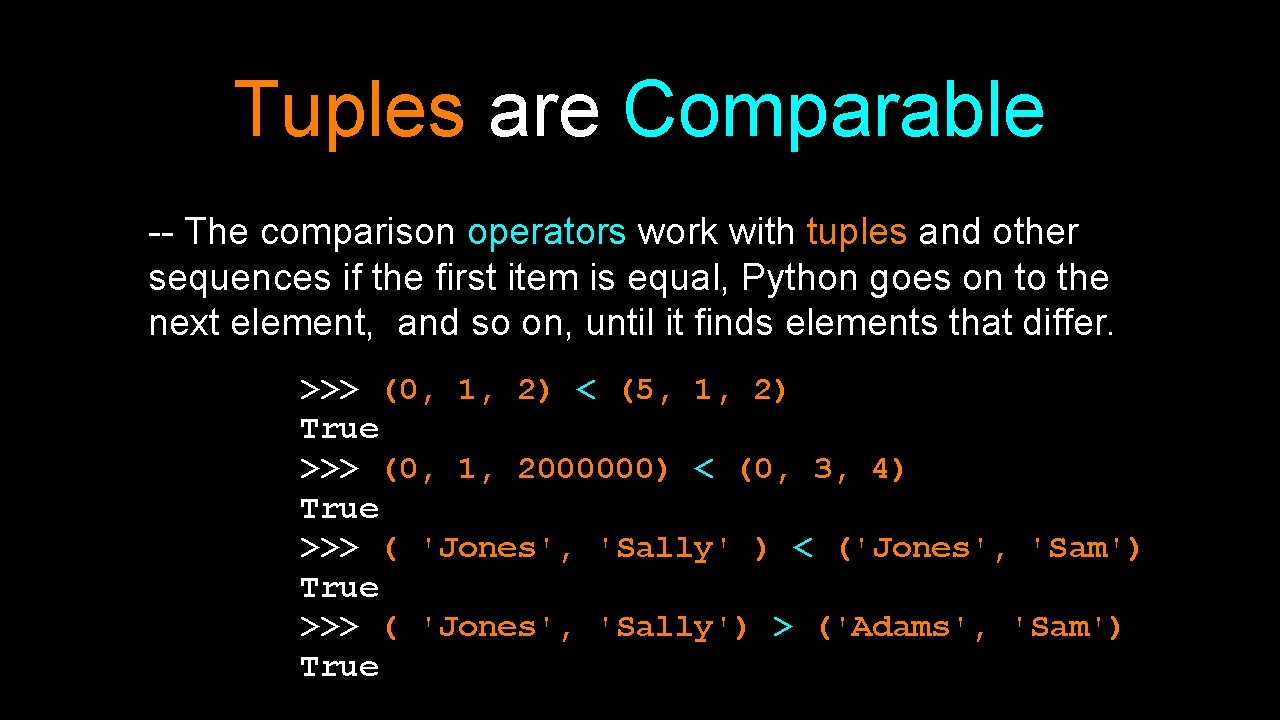 Tuples are Comparable -- The comparison operators work with tuples and other sequences if