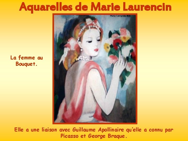 Aquarelles de Marie Laurencin La femme au Bouquet. Elle a une liaison avec Guillaume