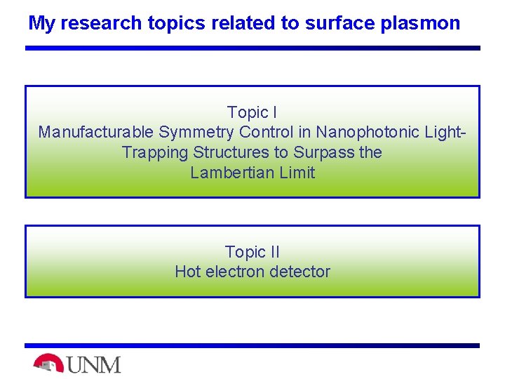 My research topics related to surface plasmon Topic I Manufacturable Symmetry Control in Nanophotonic