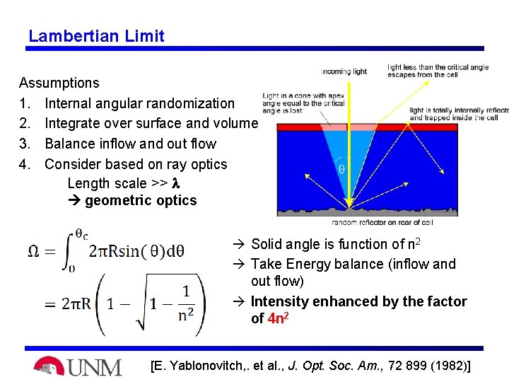 Lambertian Limit Assumptions 1. Internal angular randomization 2. Integrate over surface and volume 3.