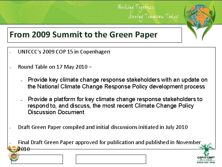 From 2009 Summit to the Green Paper • UNFCCC’s 2009 COP 15 in Copenhagen