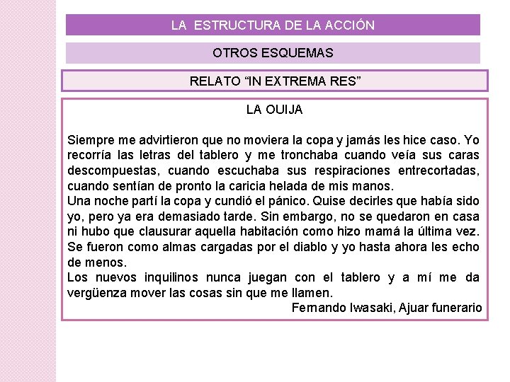 LA ESTRUCTURA DE LA ACCIÓN OTROS ESQUEMAS RELATO “IN EXTREMA RES” LA OUIJA Siempre LA ESTRUCTURA DE LA ACCIÓN OTROS ESQUEMAS RELATO “IN EXTREMA RES” LA OUIJA Siempre