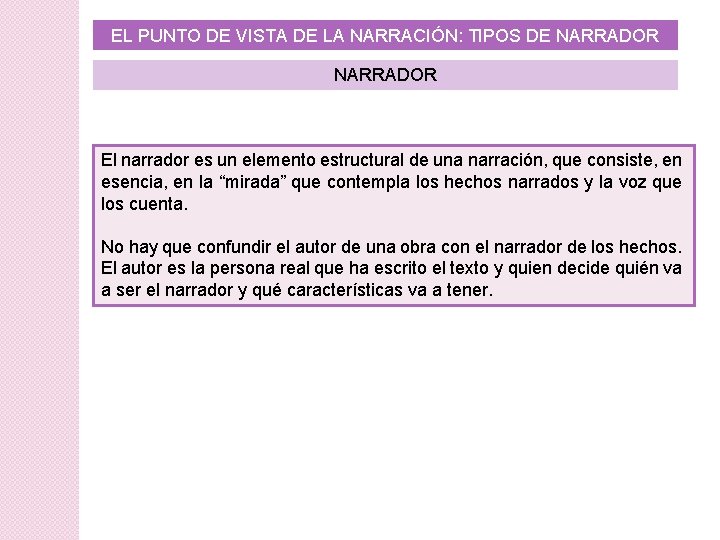 EL PUNTO DE VISTA DE LA NARRACIÓN: TIPOS DE NARRADOR El narrador es un EL PUNTO DE VISTA DE LA NARRACIÓN: TIPOS DE NARRADOR El narrador es un