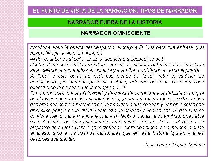 EL PUNTO DE VISTA DE LA NARRACIÓN: TIPOS DE NARRADOR FUERA DE LA HISTORIA EL PUNTO DE VISTA DE LA NARRACIÓN: TIPOS DE NARRADOR FUERA DE LA HISTORIA