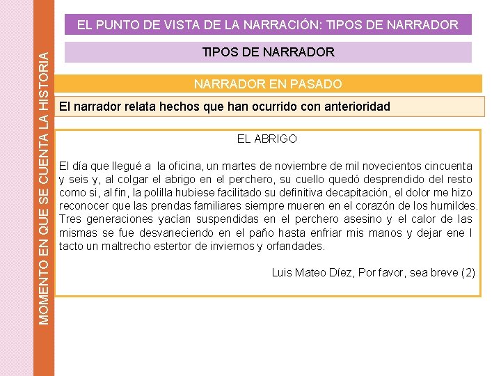 MOMENTO EN QUE SE CUENTA LA HISTORIA EL PUNTO DE VISTA DE LA NARRACIÓN: MOMENTO EN QUE SE CUENTA LA HISTORIA EL PUNTO DE VISTA DE LA NARRACIÓN: