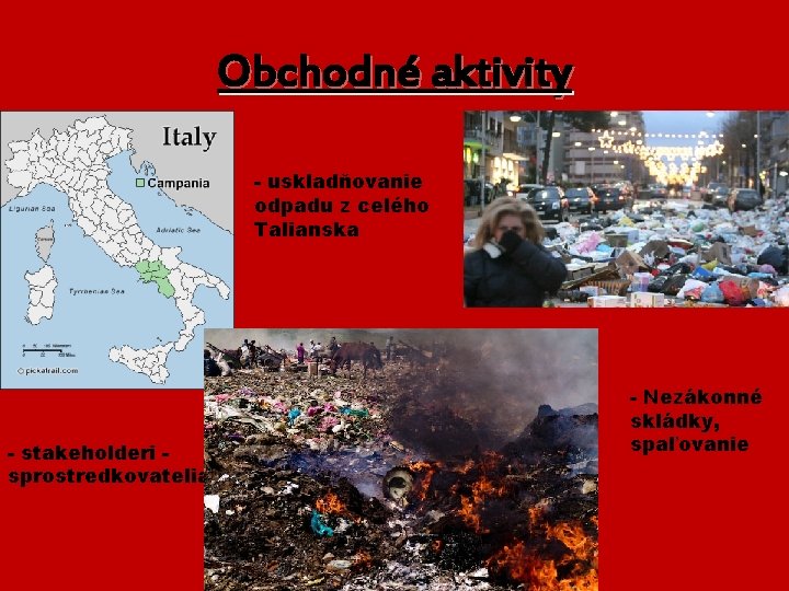 Obchodné aktivity - uskladňovanie odpadu z celého Talianska - stakeholderi sprostredkovatelia - Nezákonné skládky,