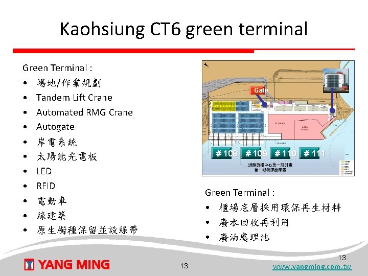 Kaohsiung CT 6 green terminal Green Terminal : • 場地/作業規劃 • Tandem Lift Crane