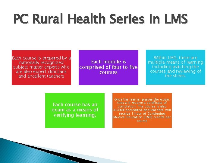 PC Rural Health Series in LMS Each course is prepared by a nationally recognized