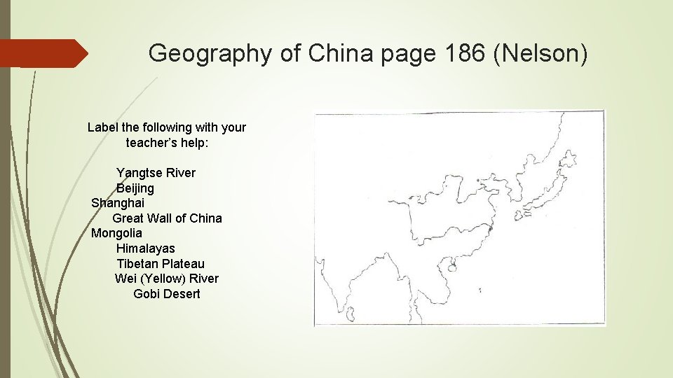 Geography of China page 186 (Nelson) Label the following with your teacher’s help: Yangtse