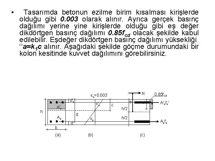  • Tasarımda betonun ezilme birim kısalması kirişlerde olduğu gibi 0. 003 olarak alınır.