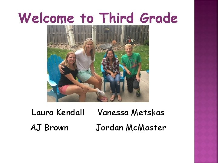 Welcome to Third Grade Laura Kendall Vanessa Metskas AJ Brown Jordan Mc. Master 