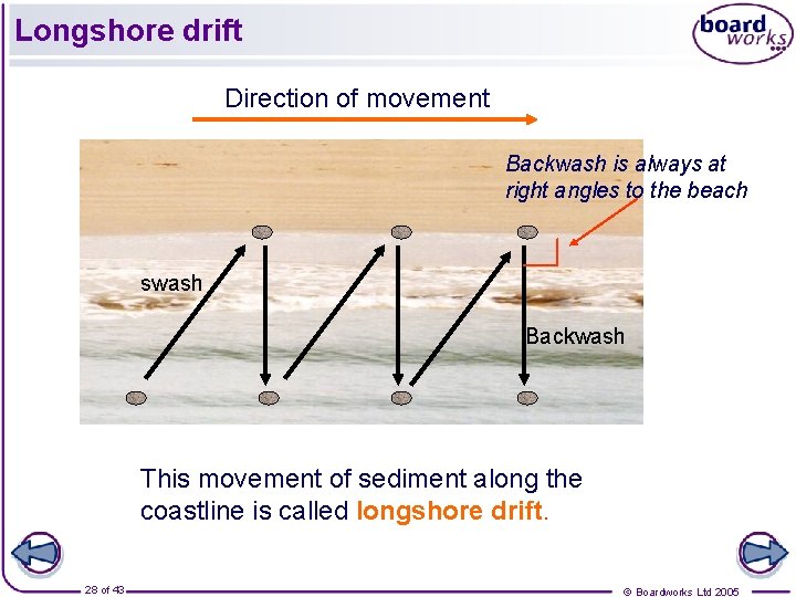 Longshore drift Direction of movement Backwash is always at right angles to the beach