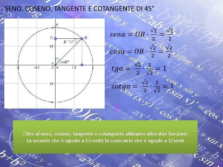  • Oltre al seno, coseno, tangente e cotangente abbiamo altre due funzioni: La