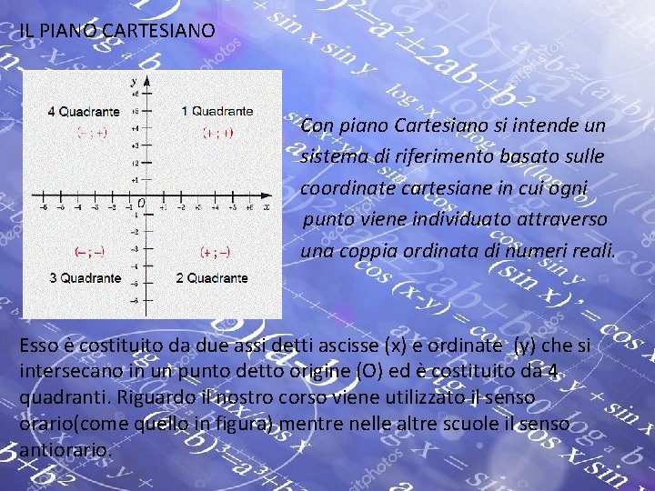 IL PIANO CARTESIANO bb Con piano Cartesiano si intende un sistema di riferimento basato