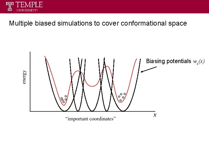 Multiple biased simulations to cover conformational space Biasing potentials ws(x) x 