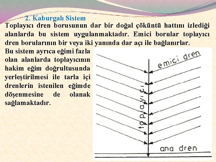 2. Kaburgalı Sistem Toplayıcı dren borusunun dar bir doğal çöküntü hattını izlediği alanlarda bu