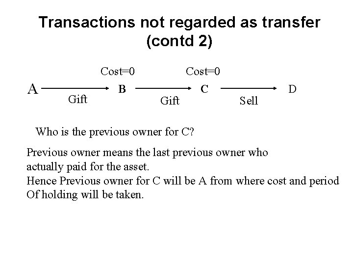 Transactions not regarded as transfer (contd 2) A Gift Cost=0 B Gift Cost=0 C